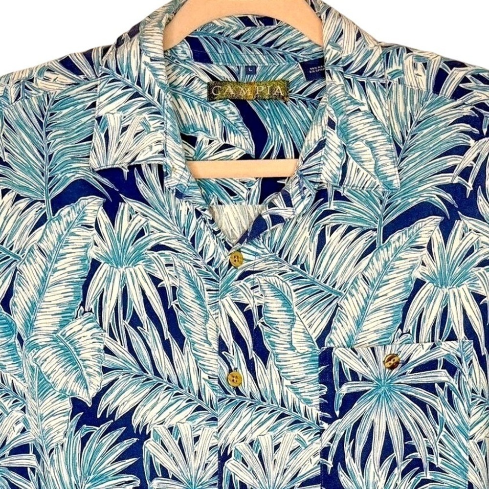 Campia Button Down Men L Blue Tropical Palm Leaf Print Short Sleeve Shirt